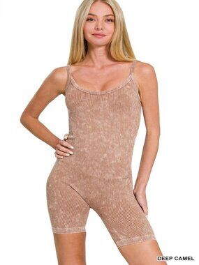 Stone Washed Ribbed Seamless Romper for Women Stretch Bodycon Casual One Piece